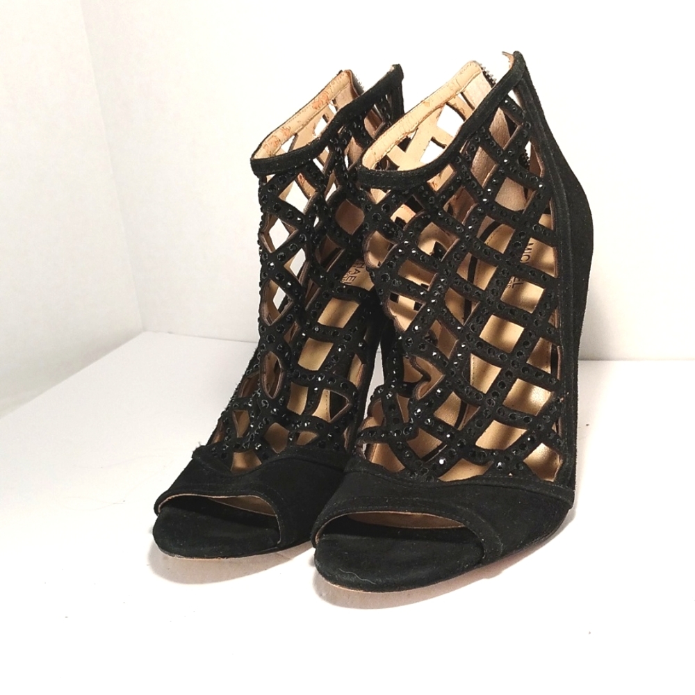 Michael Kors Yvonne Open Toe Black Suede ankle high heel Shoe Size 9 1/2 Med